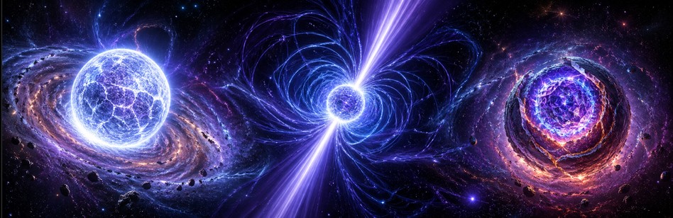 Montage of compact objects: pulsar, neutron star, exotic configurations.