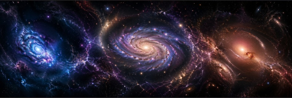 Silhouettes of galaxies, from young and compact to old and diffuse.