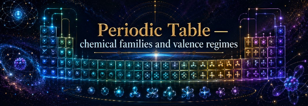 Periodic table read as the organization of chemical families according to their valence regimes.