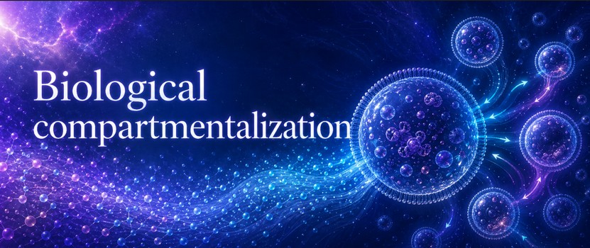 Minimal biological compartment showing membrane, gradients, inside, outside and controlled exchanges.