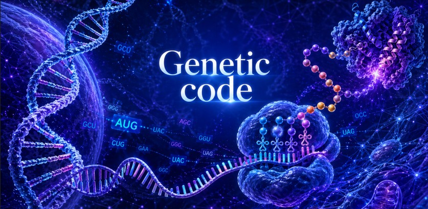 Genetic code showing codons, amino acids, translation, redundancy and error robustness.