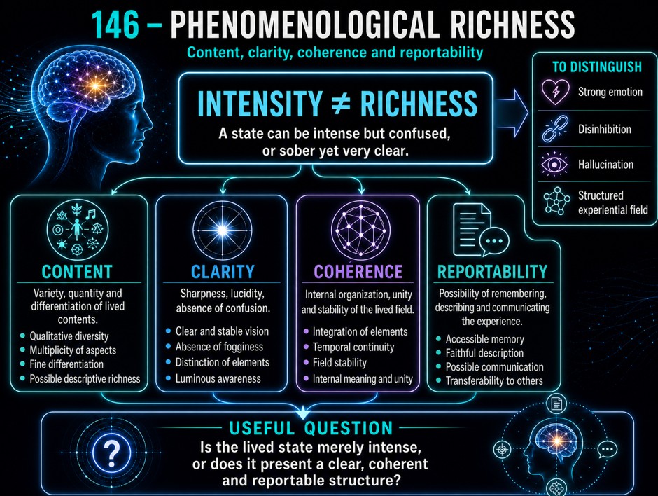 Phenomenological richness, content, clarity, coherence and reportability.