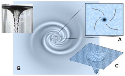 Vortex de transion Illustration du vortex quantique engendré par un transion actif : (A) les spations environnants s'organisent en rotation autour du point d'écoulement, générant un champ d'écoulement stable et auto-organisé ; (B) analogie visuelle avec un vortex liquide ; (C) diminution de la pression locale et conversion de l’énergie de pression en énergie cinétique dans un gradient auto-entretenu.