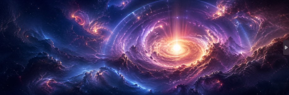 Nuage qui se contracte au centre d'un halo, jusqu'à former un cœur lumineux.