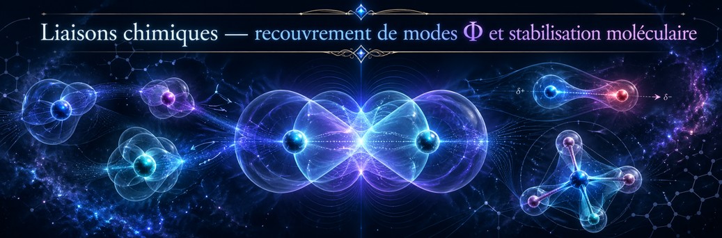 Liaisons chimiques interprétées comme recouvrements de modes Φ et stabilisation entre centres atomiques.