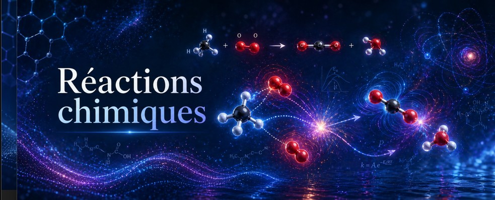 Réaction chimique décrite comme chemin de réorganisation entre un état initial, un état de transition et un état final.