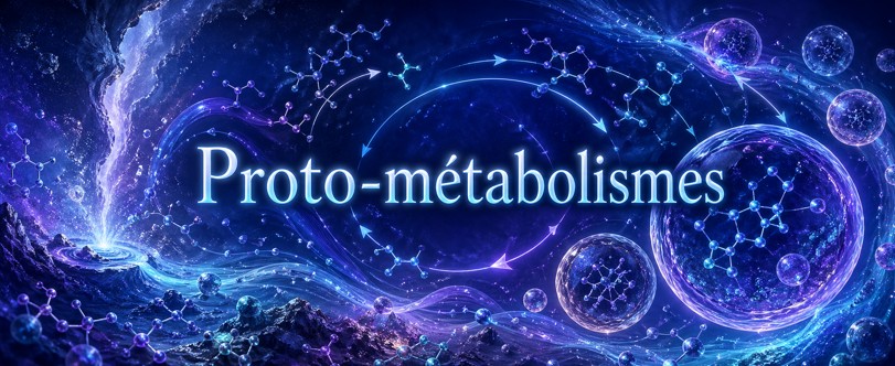 Réseau proto-métabolique avec cycles, flux entrants, flux sortants et maintien hors équilibre.