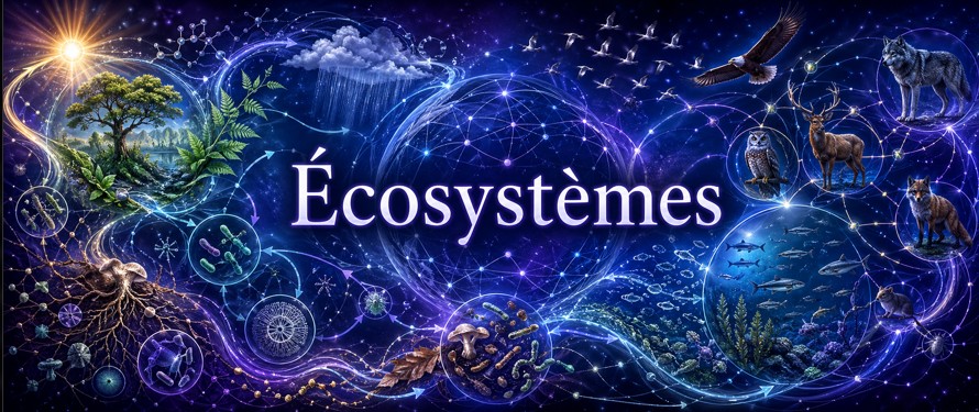 Écosystème montrant réseaux trophiques, cycles de matière, flux d’énergie et stabilité relationnelle.