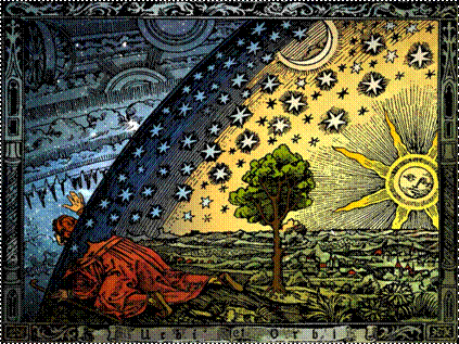 Flammarion engraving: a figure lifts a starry celestial vault to reveal a sunlit landscape beyond.